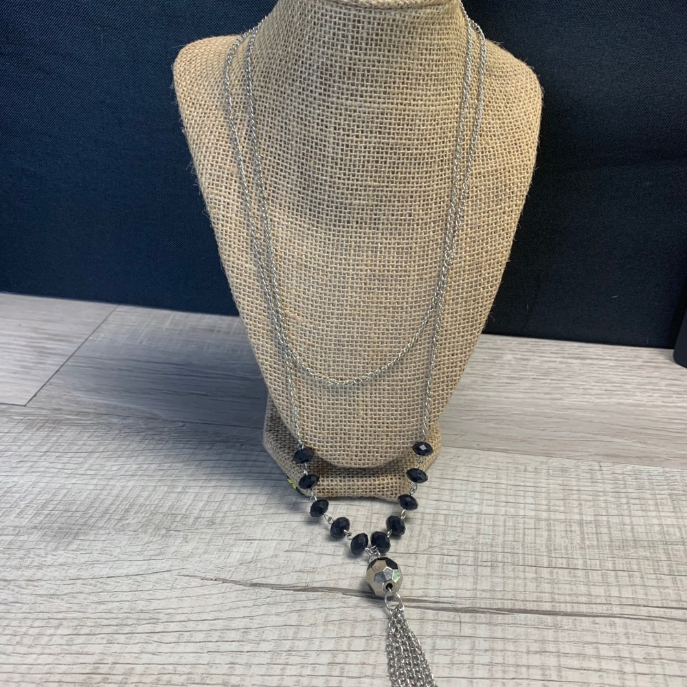Silver Tone Layered Tassel Necklace Black Faceted Beads Geometric Y-Drop 20"